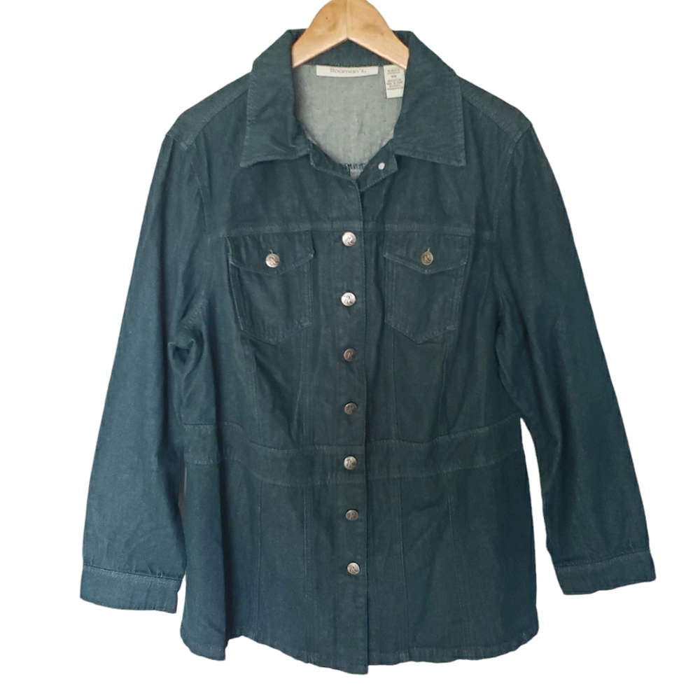 Roamans Jean Jacket Dark Green Denim 16W Silver Buttons Cotton Holiday Christmas